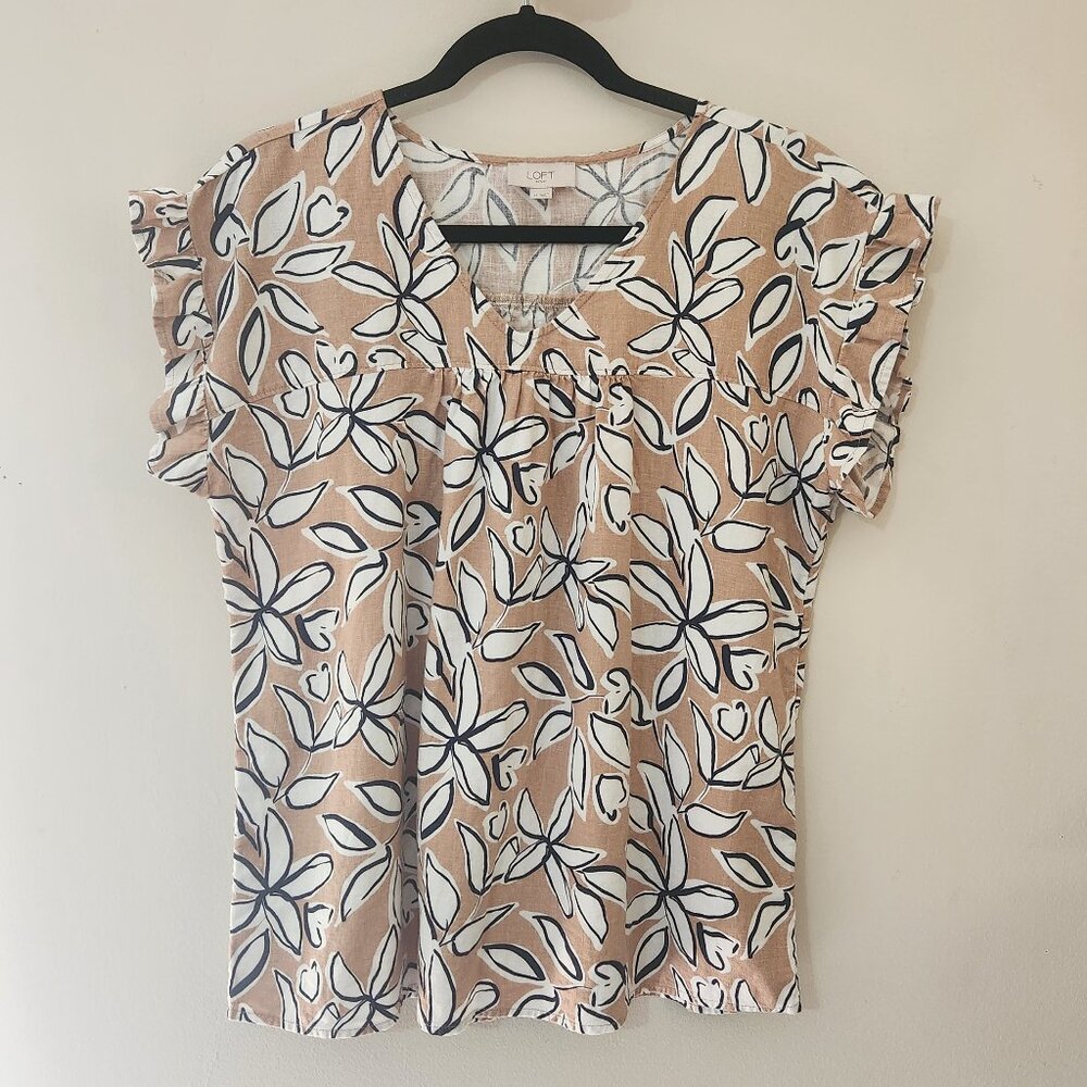 LOFT M V-neck Tan Floral Print Short Flutter Sleeve Linen Top